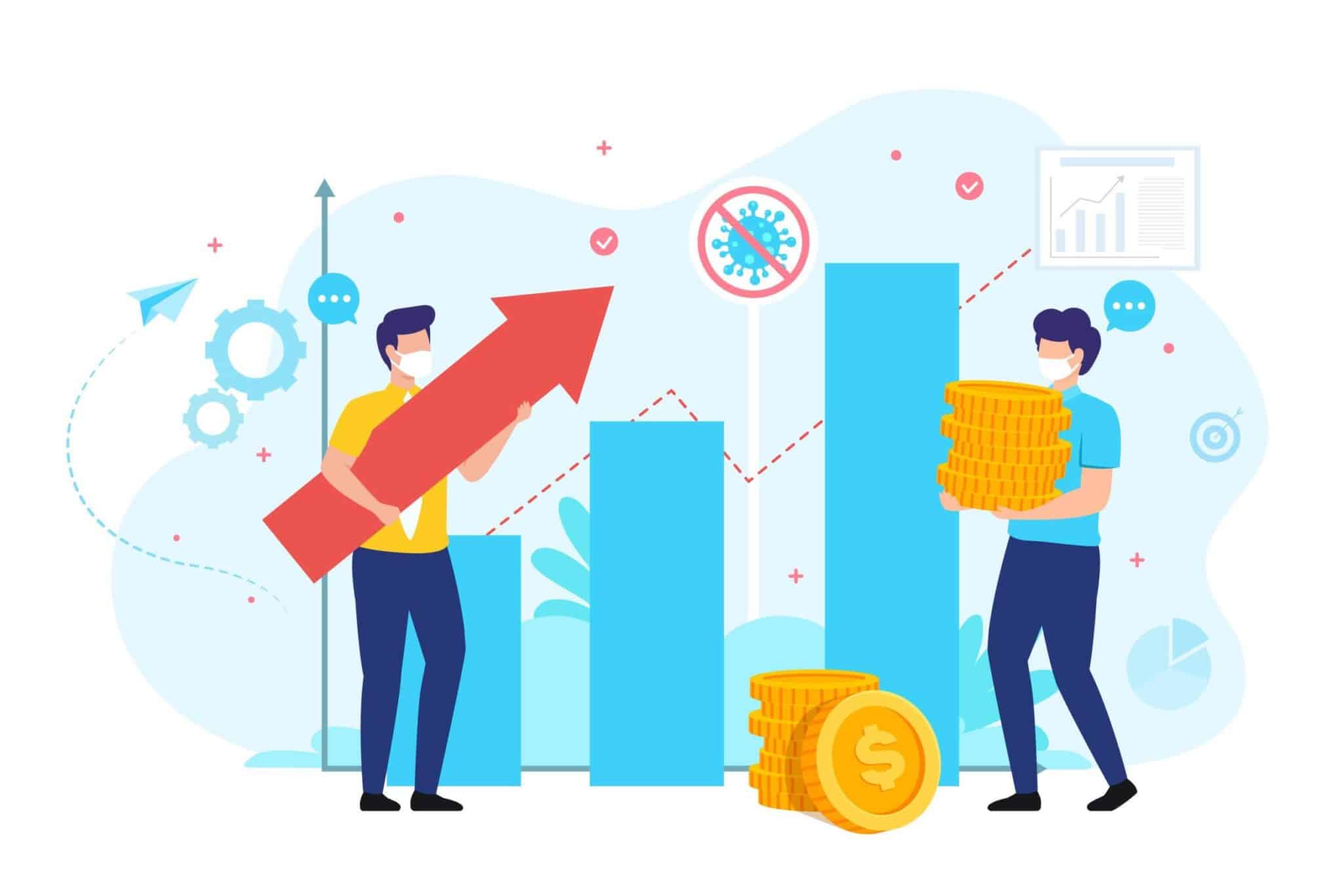 In the illustration we see two figures and several symbolic elements related to finance and growth. On the left, there is a figure holding a large red arrow pointing upwards, which symbolizes growth or increase. Next to it, you can see three growing bar graphs. On the right, the second figure is holding stacks of coins. In the background, there are additional elements such as gears, a document with charts, and a virus symbol.