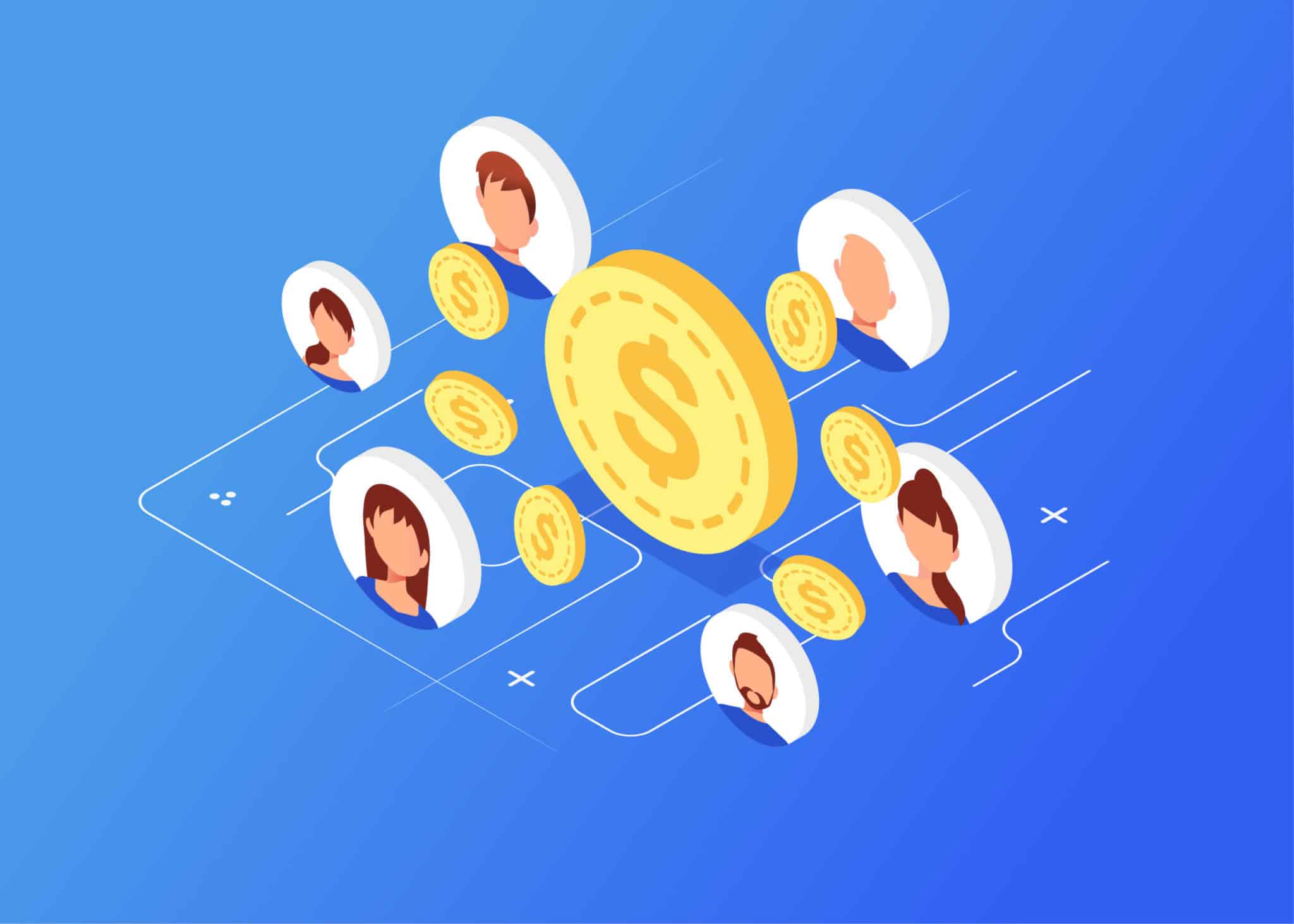 In the illustration, we can see six profile icons of people with different hairstyles, connected by lines to a central large gold coin with a dollar symbol, which is located in the middle. The background is blue.