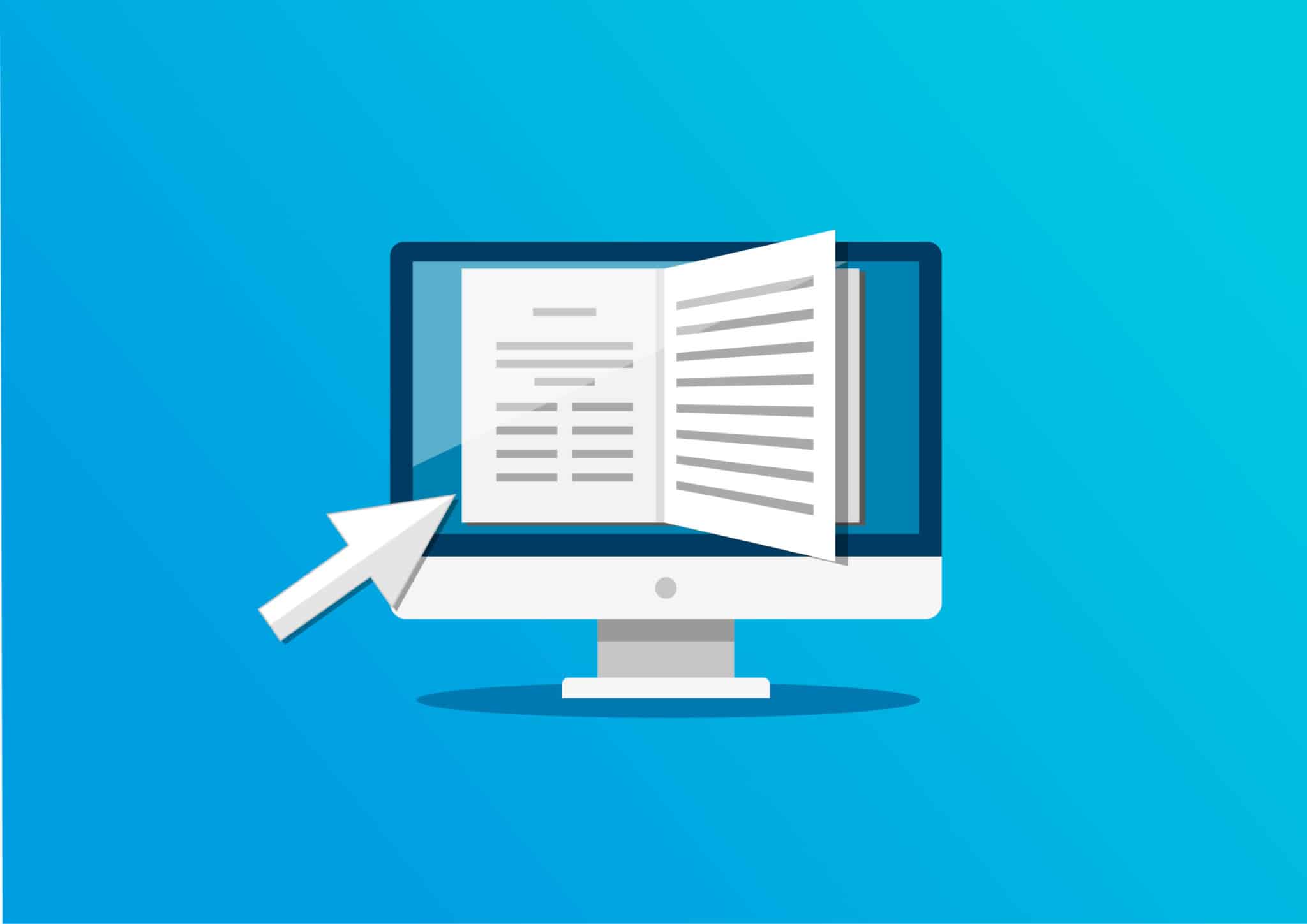 In the illustration we see a graphic representation of a computer on the screen of which a book is open. The pages of the book are opened, and a white arrow-shaped cursor appears on the left side of the screen, pointing to the open book. The background of the graphic is in blue.
