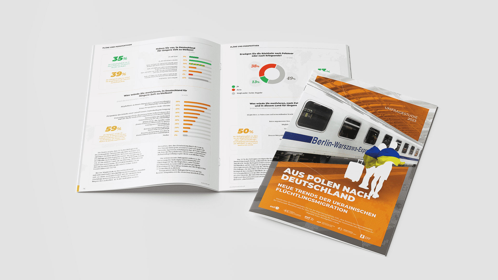 Das Bild zeigt ein offenes Heft und ein geschlossenes Heft, das darauf gelegt wird. Die aufgeschlagene Broschüre zeigt verschiedene Statistiken und Grafiken, während die geschlossene Broschüre eine Titelseite mit der Aufschrift und dem Bild eines Zuges mit der Aufschrift "Berlin-Warschau-Express" hat. Der Titel auf dem Cover lautet "AUS POLEN NACH DEUTSCHLAND: NEUE TRENDS DER UKRAINISCHEN FLÜCHTLINGSIMMIGRATION"