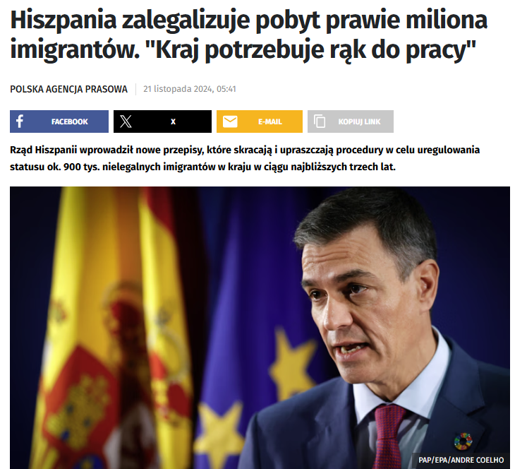 Obraz przedstawia wiadomość prasową z Polskiej Agencji Prasowej, datowaną na 21 listopada 2024 roku o godzinie 05:41. Nagłówek wiadomości brzmi: "Hiszpania zalegalizuje pobyt prawie miliona imigrantów. 'Kraj potrzebuje rąk do pracy'." Artykuł informuje, że rząd Hiszpanii wprowadzi nowe przepisy, które skracają i upraszczają procedury mające na celu uregulowanie statusu około 900 tysięcy nielegalnych imigrantów w kraju w ciągu najbliższych trzech lat.